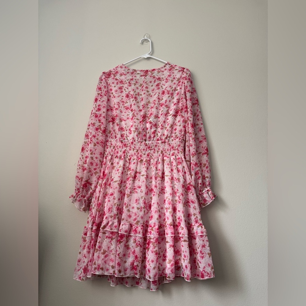 Pink Deep V-Neck Lantern Sleeve Knotted Tired Mini Dress Pink Size L - Picture 6 of 9